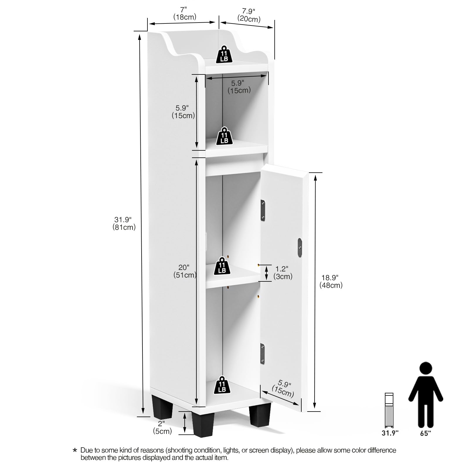 Armario Baño Pequeño y Estrecho, Mueble Auxiliar de Baño Madera, Estantes Ajustables, Cierre Magnético, Armario de Almacenamiento, Adecuado para Dormitorio, Cocina y Salón, Moderno, Blanco