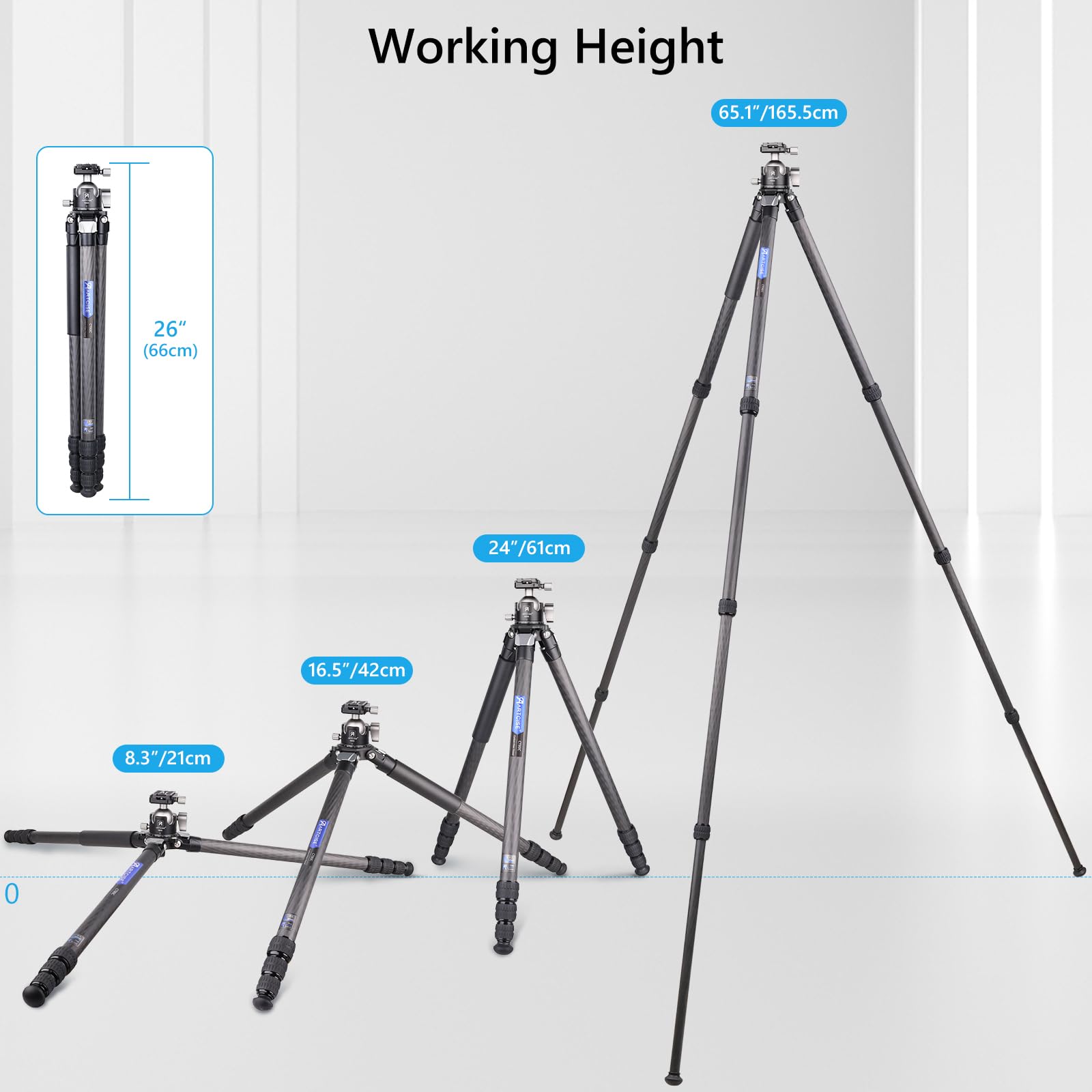 Trípode compacto para cámara de carbono con bola de 46 mm, cabezal de trípode de perfil bajo de 32,5 mm, tubo de pierna máximo, estable y ligero, soporte de viaje de fibra de carbono con cabezal de