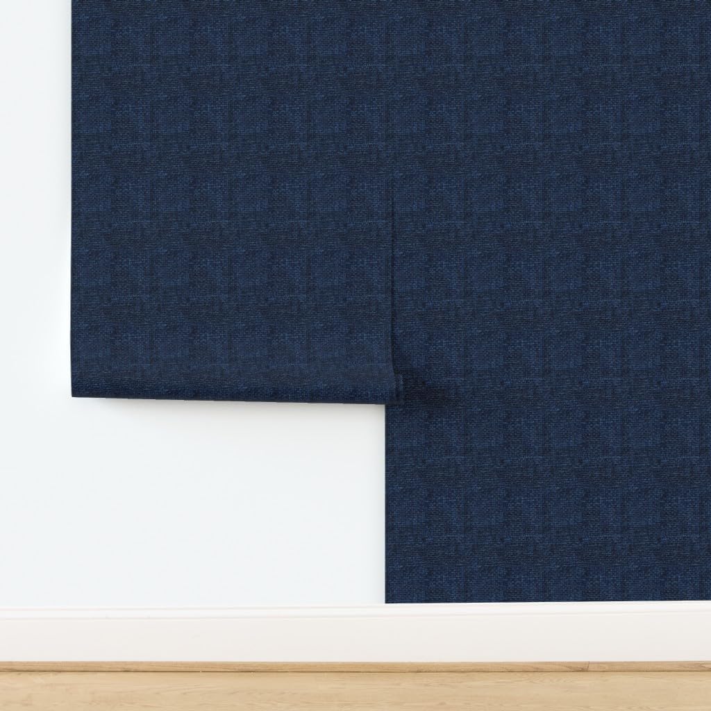 Peel & Stick Wallpaper 3ft x 2ft - Solid Navy Dark Blue Indigo Faux Woven Textured Look Custom Removable Wallpaper by Spoonflower