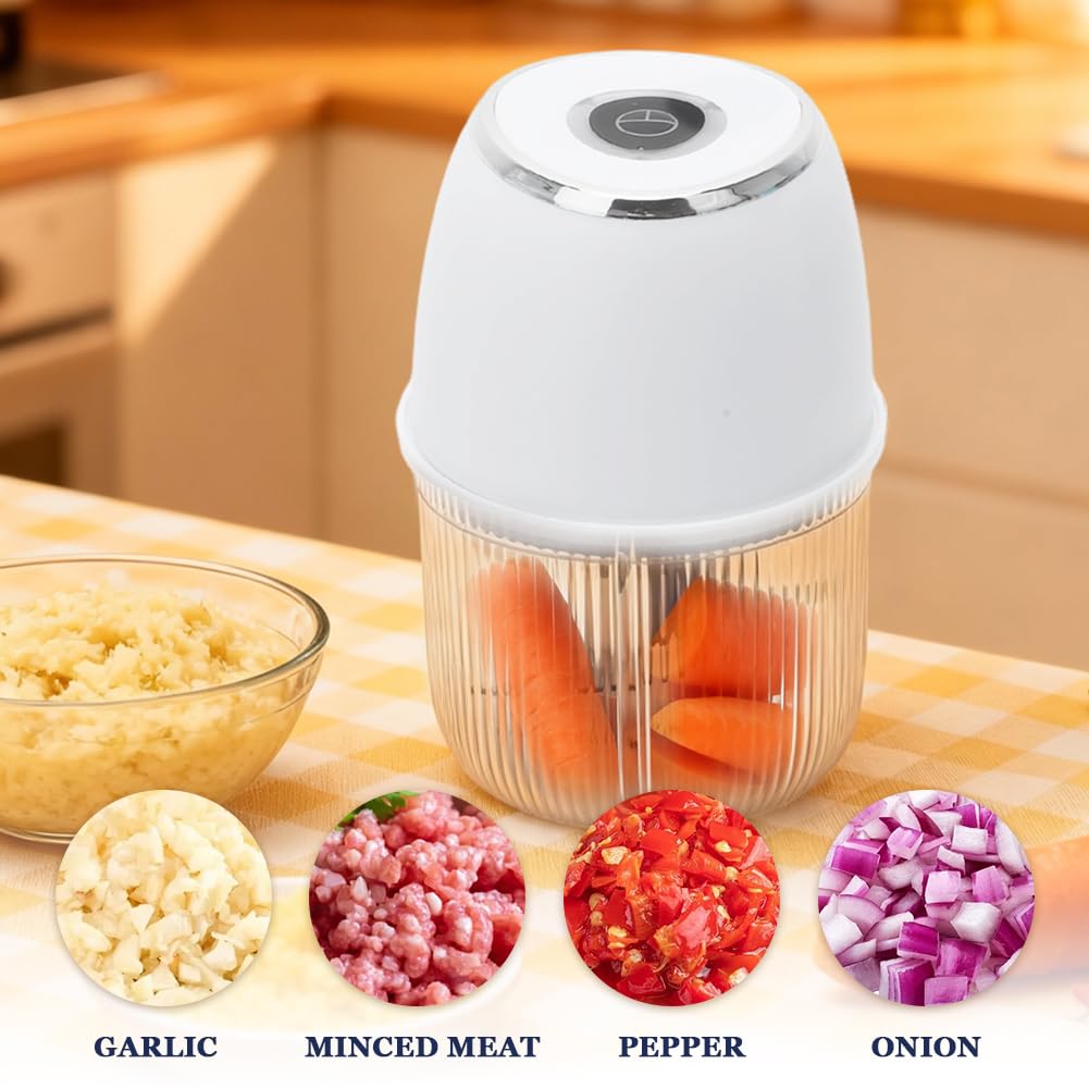 Yuragim Tritatutto Elettrico Mini, Tritacipolle 350ml Tritatutto Multiuso Senza Fili con 6 Lame in Acciaio Inox, Tritacipolle Portatile per Cipolle, Verdure, Frutta, Carne e Aglio