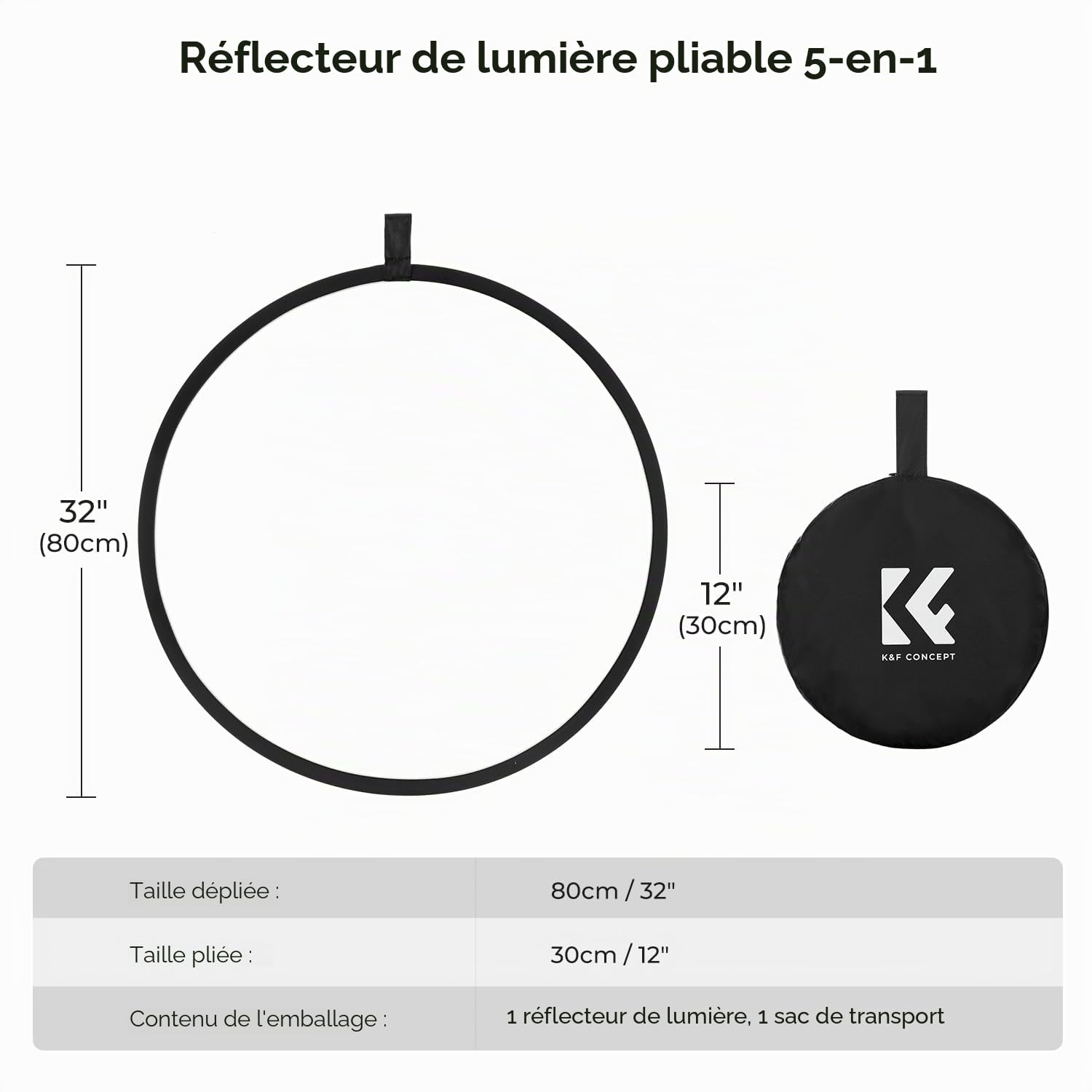 K&F CONCEPT 5-in-1 Réflecteur de Lumière 32"(80cm) Diffuseur Photographique Pliable et Portable pour Studio et éclairage Extérieur Or Argent Blanc Noir Translucide