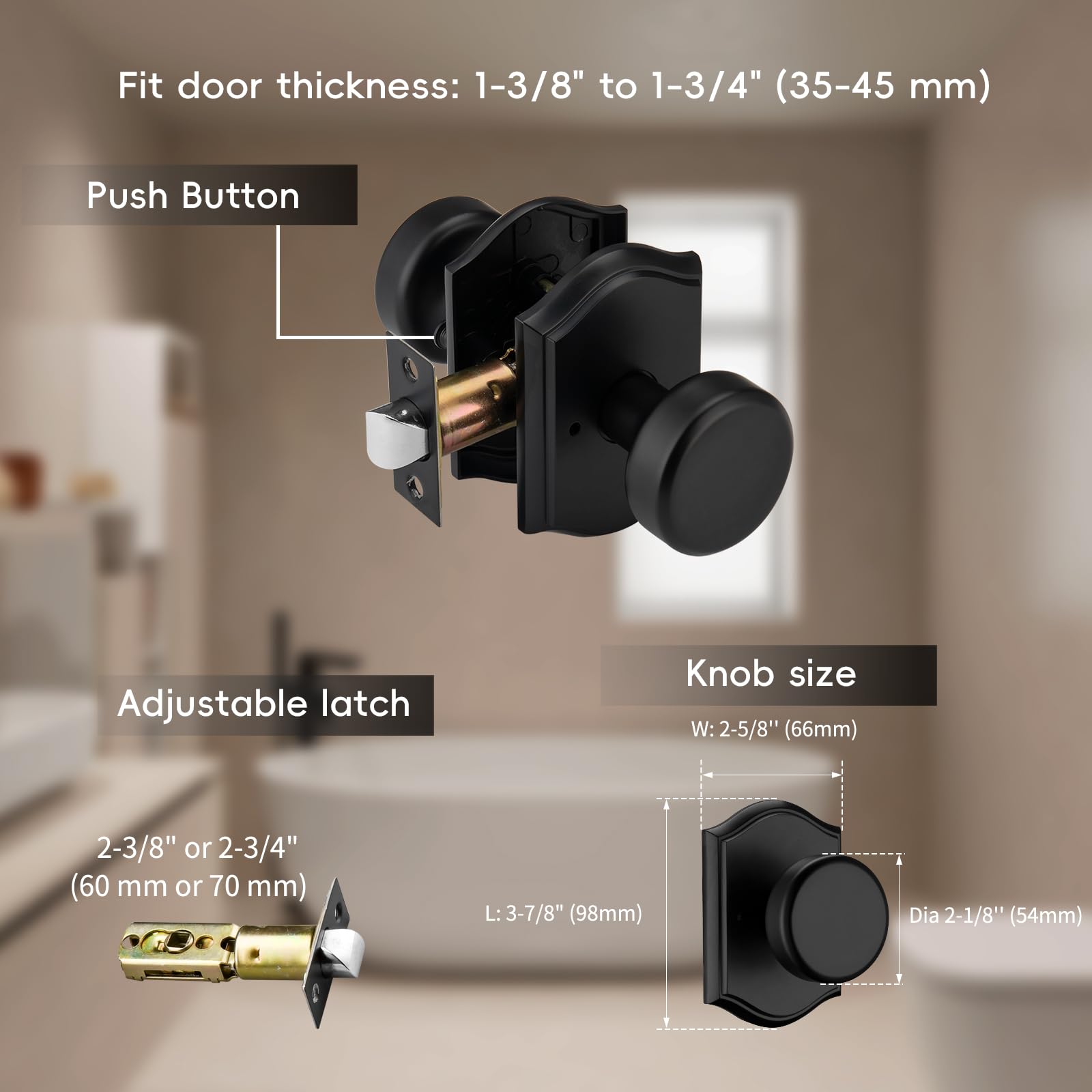 Black Privacy Door Knob with Push Lock - FREE SHIPPING -3