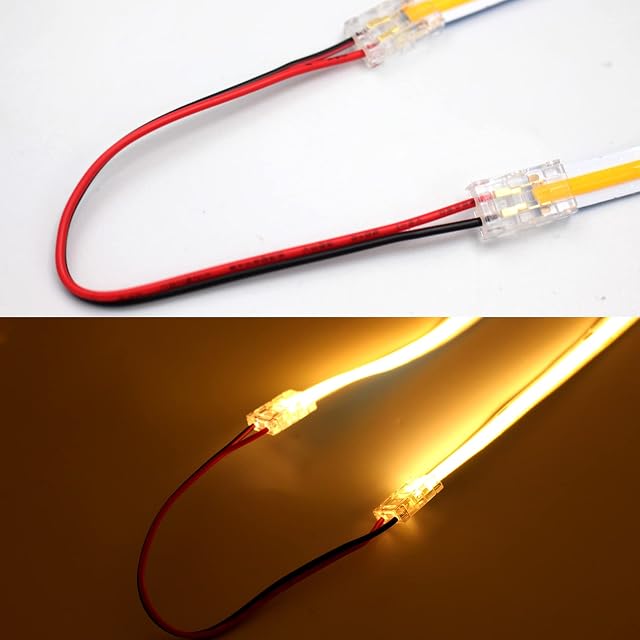 Boarda COB LED Strip Connectors,2-Pin 10Pcs Strip to Wire Connector Gapless Solderless Connection Quick Click Connector for 5mm 8mm 10mm COB LED Strip Lights (8MM, Dual Connector+15CM Cable)