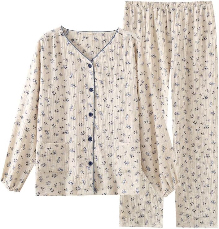 Womens Cotton Gauze Pajama Set Floral Print 2 Piece Pj Set Long Sleeve Fall Sleepwear Cute Pj Sets