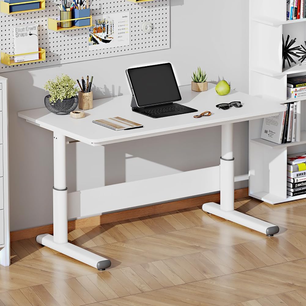 MYUYEE Hand Crank Stand Up Desk, Sit Stand Home Office Desk, Manual Standing Desk Adjustable Height, Computer Desk For Gaming Room (White-140X60Cm)