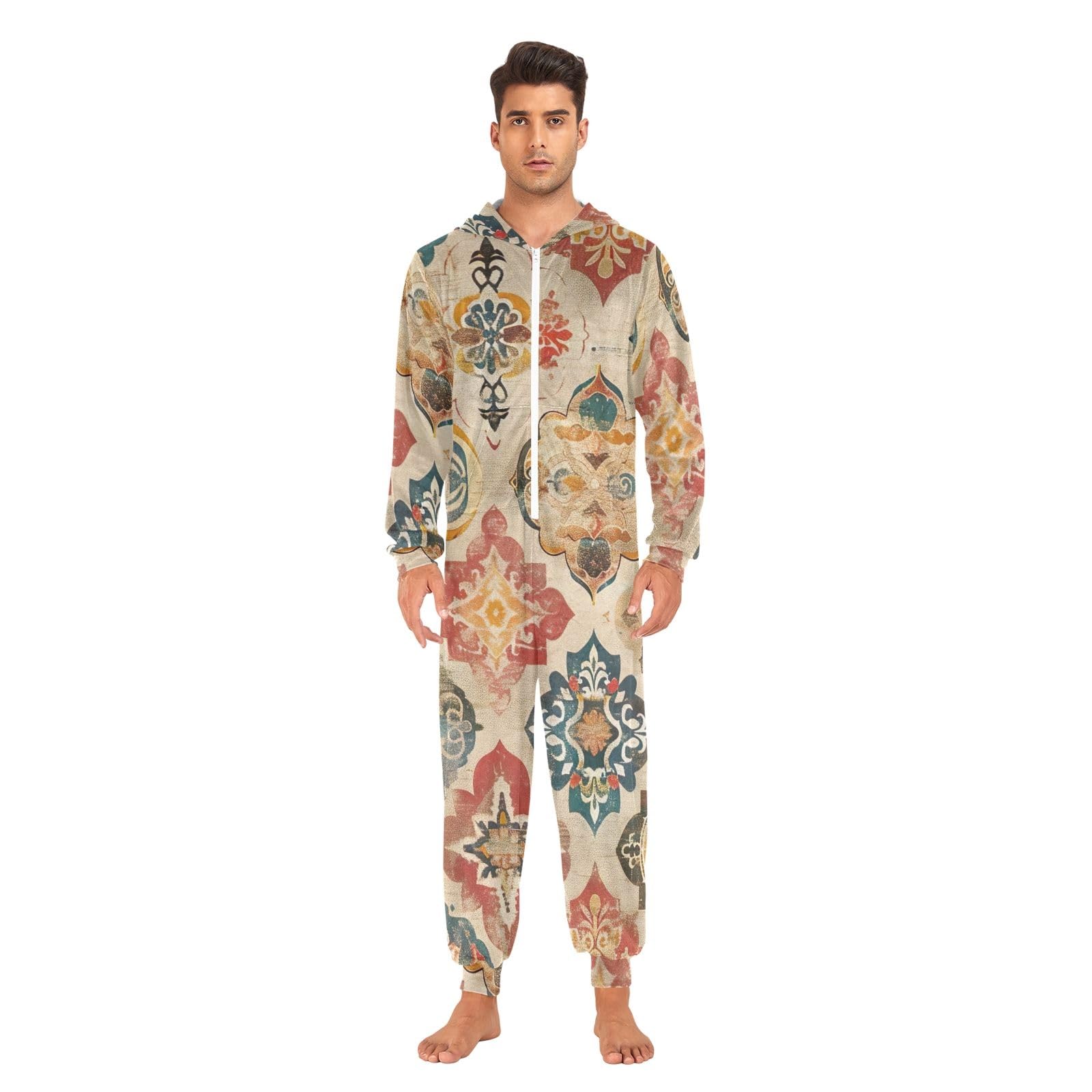 Tuta intera vintage con motivo floreale mandala, per adulti, ultra morbida, in velluto di cristallo, pigiama natalizio con cerniera