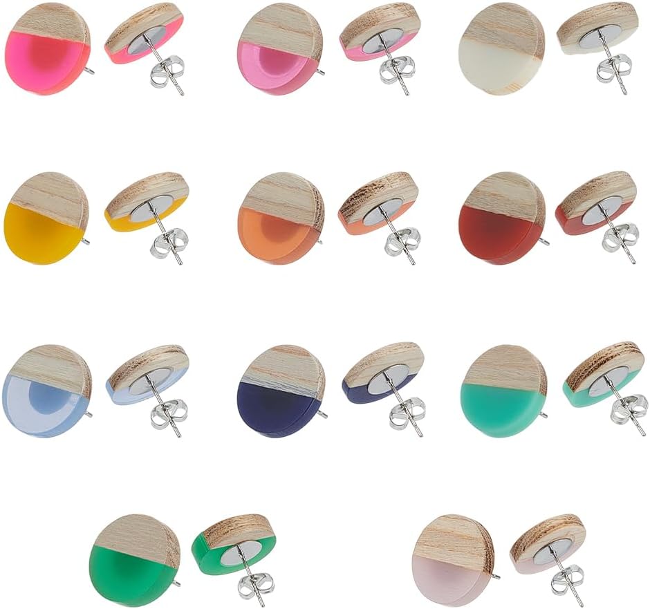 PH PandaHall 11 Pairs Wooden Studs 11 Colors Wood Post Earrings Resin Stud Earrings 15mm Flat Round Earring Post with Ear Nuts for DIY Jewelry Earring Set Accessories Women - Image 6