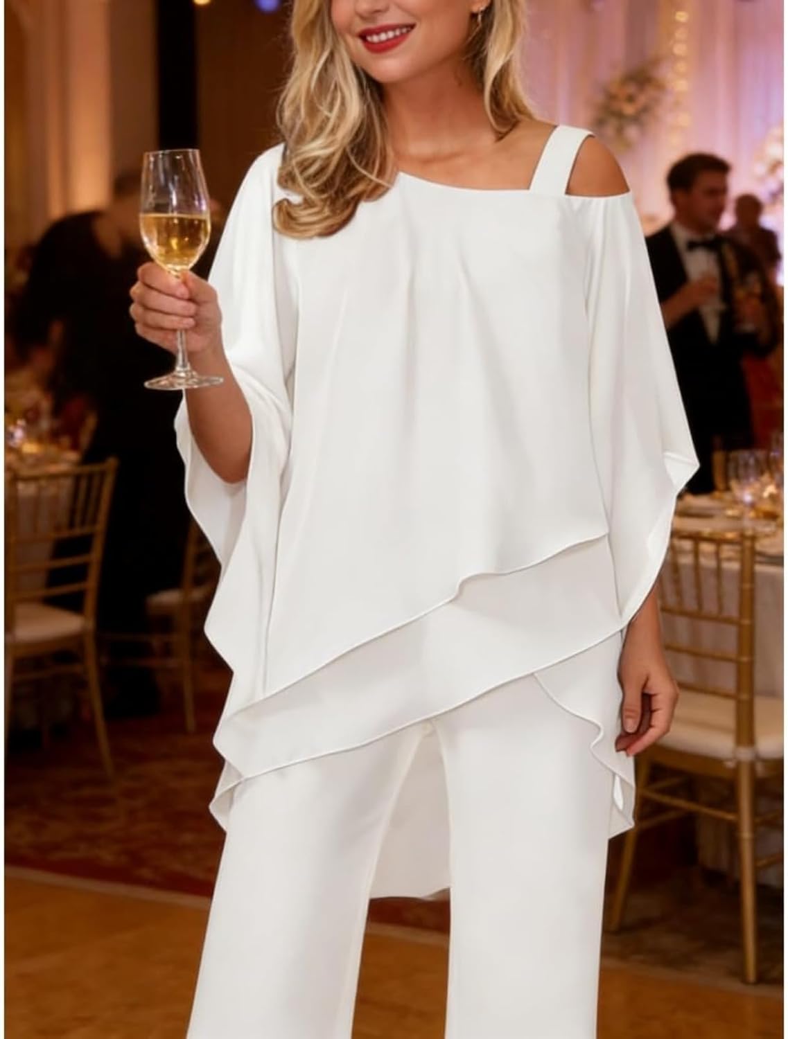Mother of the Bride 2 Piece Chiffon Pant Suit Cold Shoulder Batwing Sleeve Top & Wide Leg Pants Irregular Hem Dressy