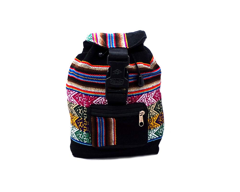 Mia Jewel Shop Mini Multicolored Peruvian Tribal Print Striped Pattern Lightweight Drawstring Backpack - Handmade Bags Boho Accessories (Black)