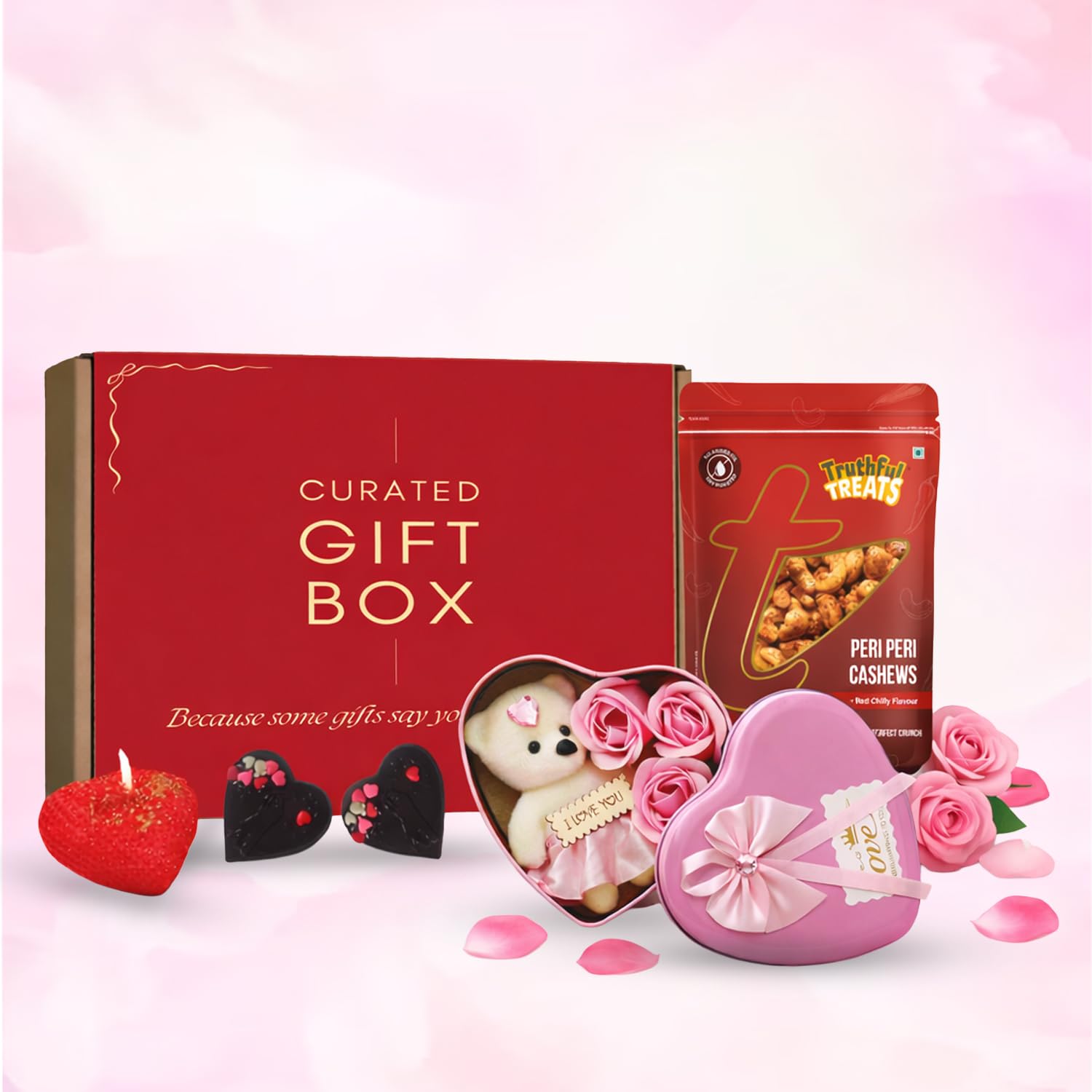 Truthful Treats Valentine Gift Pack for Her | Peri Peri Cashews, Teddy Box with Roses, Chocolate & Heart Candle | Romantic Couple Surprise for Girlfriend, Wife, Fiancé | Healthy snack & goodies box