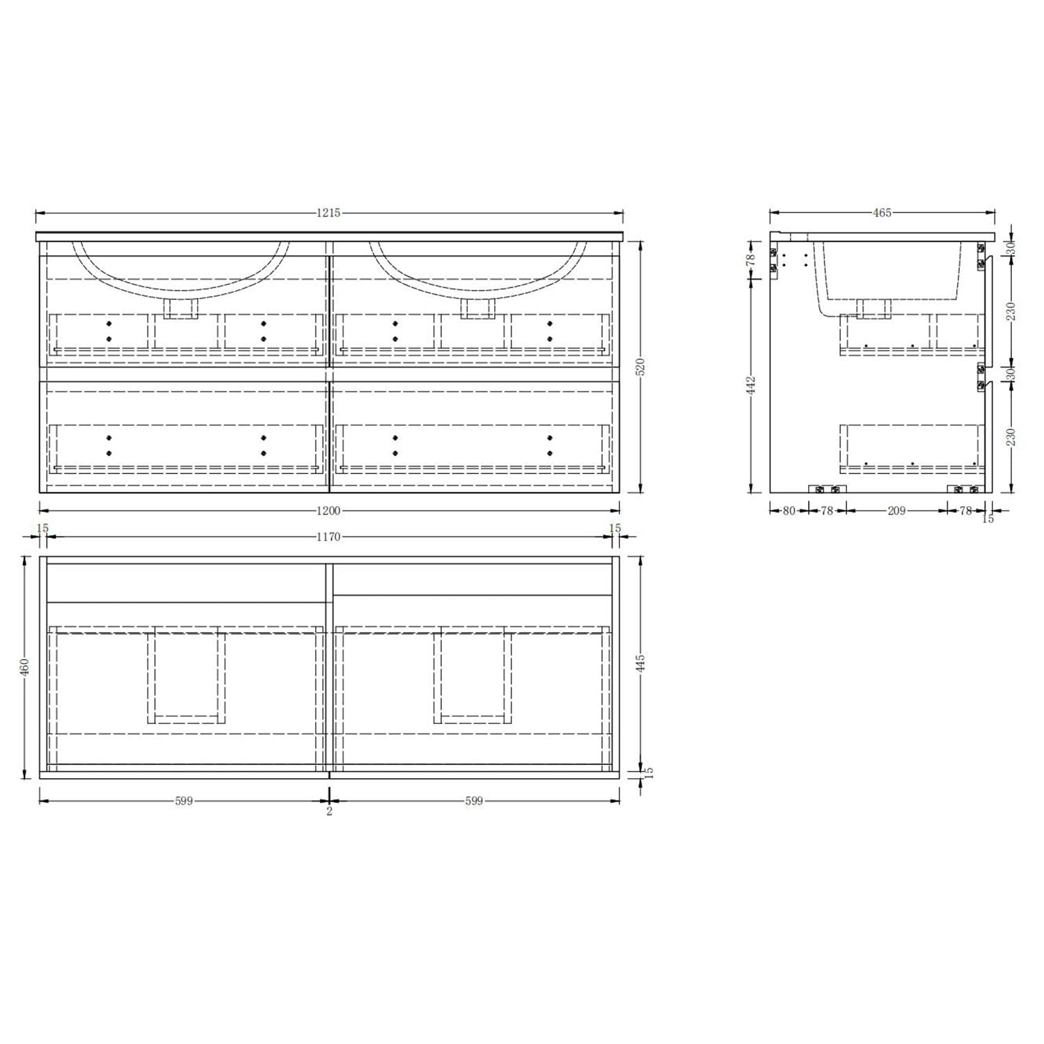 Mueble de baño,120 x 46 x 52 cm, Armario de baño AICA, con 4 cajones, Amplio Espacio de Almacenamiento, diseño Moderno, Color Blanco y Color Roble.