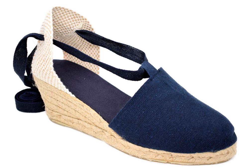 Alpargata Valenciana Cintas CUÑA Yute Playera DE Mujer Lona Lisa Azul