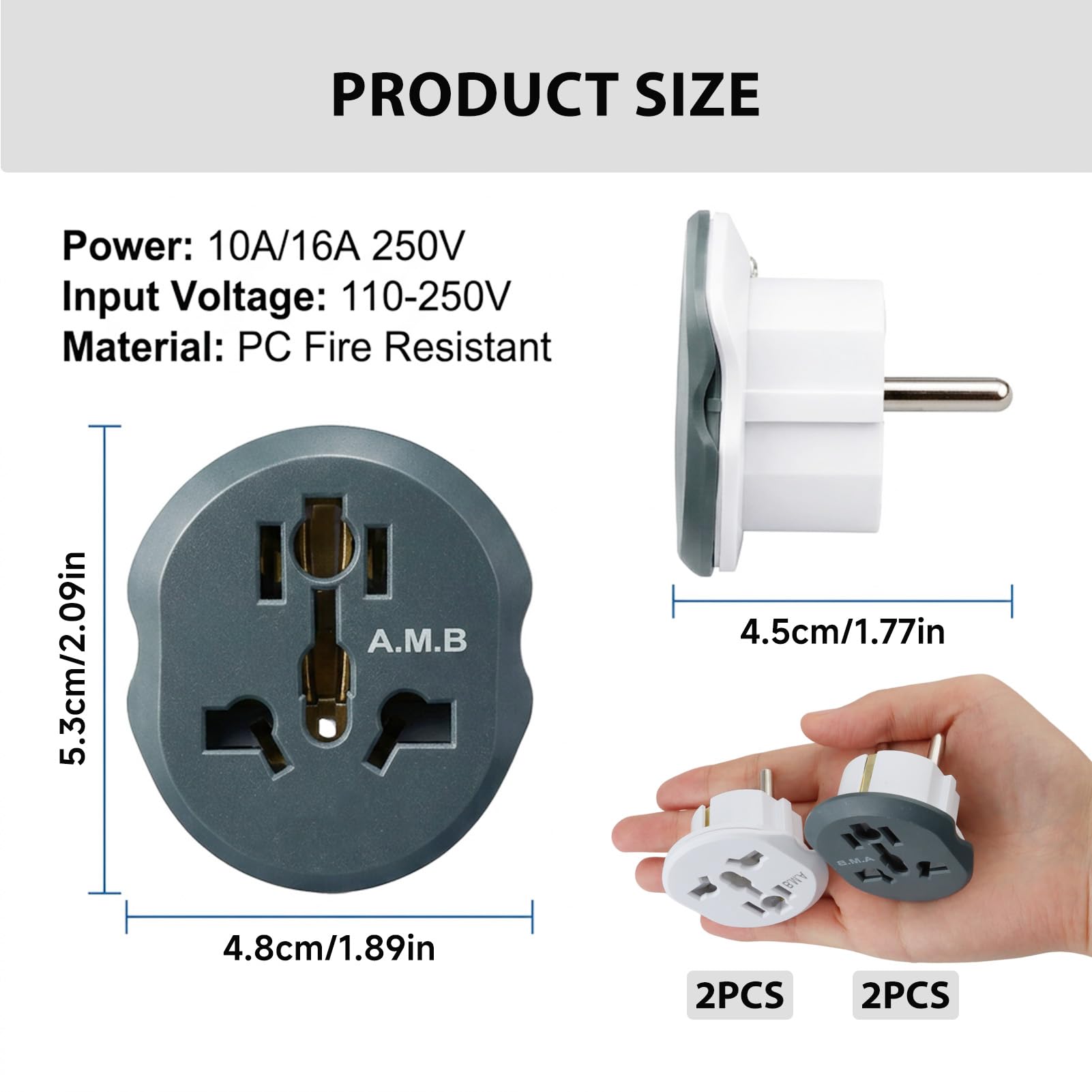 4 Pack Adaptador Enchufe Universal de Viaje, EU Adapter,Adapter Steckdose, Stecker Adapter, Adapter China Deutschland Stecker para Alemania, España, Austria, Países Bajos, Francia, Italia - 3