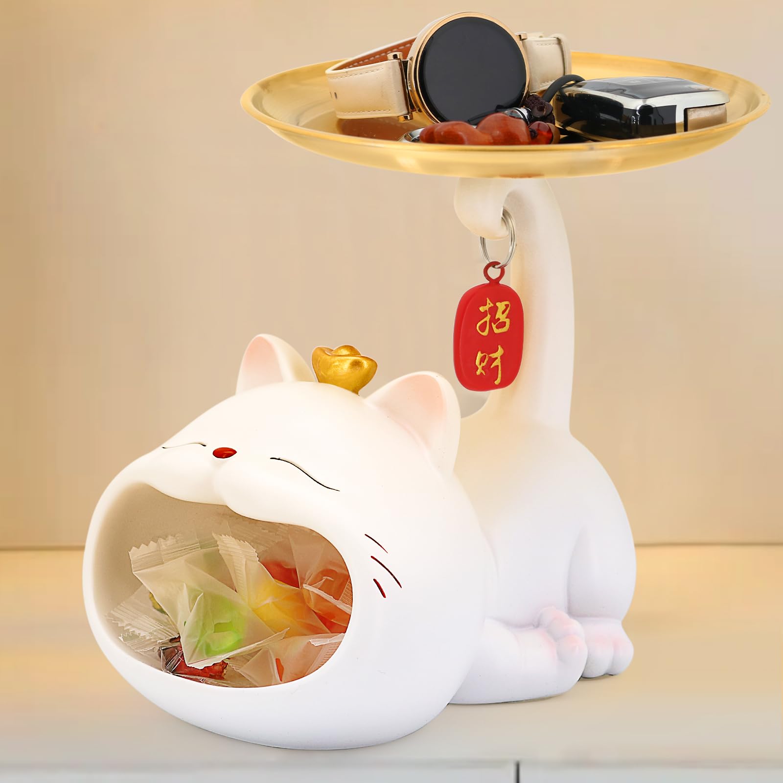 VelluraCove Lucky Cat Candy dish Candy bowl for key bowl for entryway table,cat statue cat decor key holder for Home Decor & Office Decor, Office Desk,Gift for Cat Lover