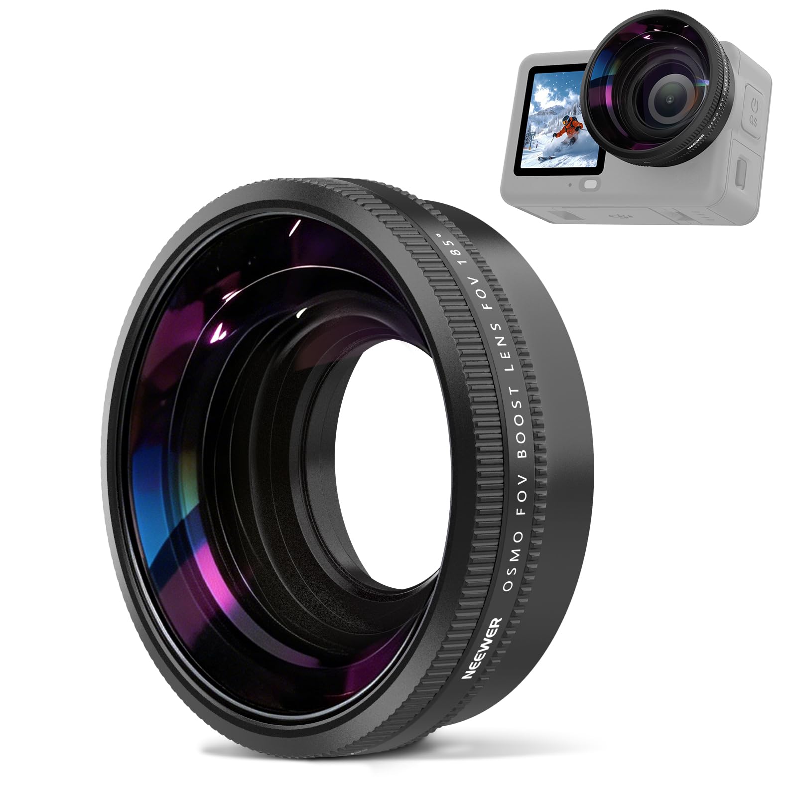 NEEWER Wide Angle Lens Compatible with DJI Osmo Action 6 Only, 185° FOV Multicoated HD Optical Glass 4 Elements 4 Groups Screw On Action Camera Lens Photography Accessories, FL-B52