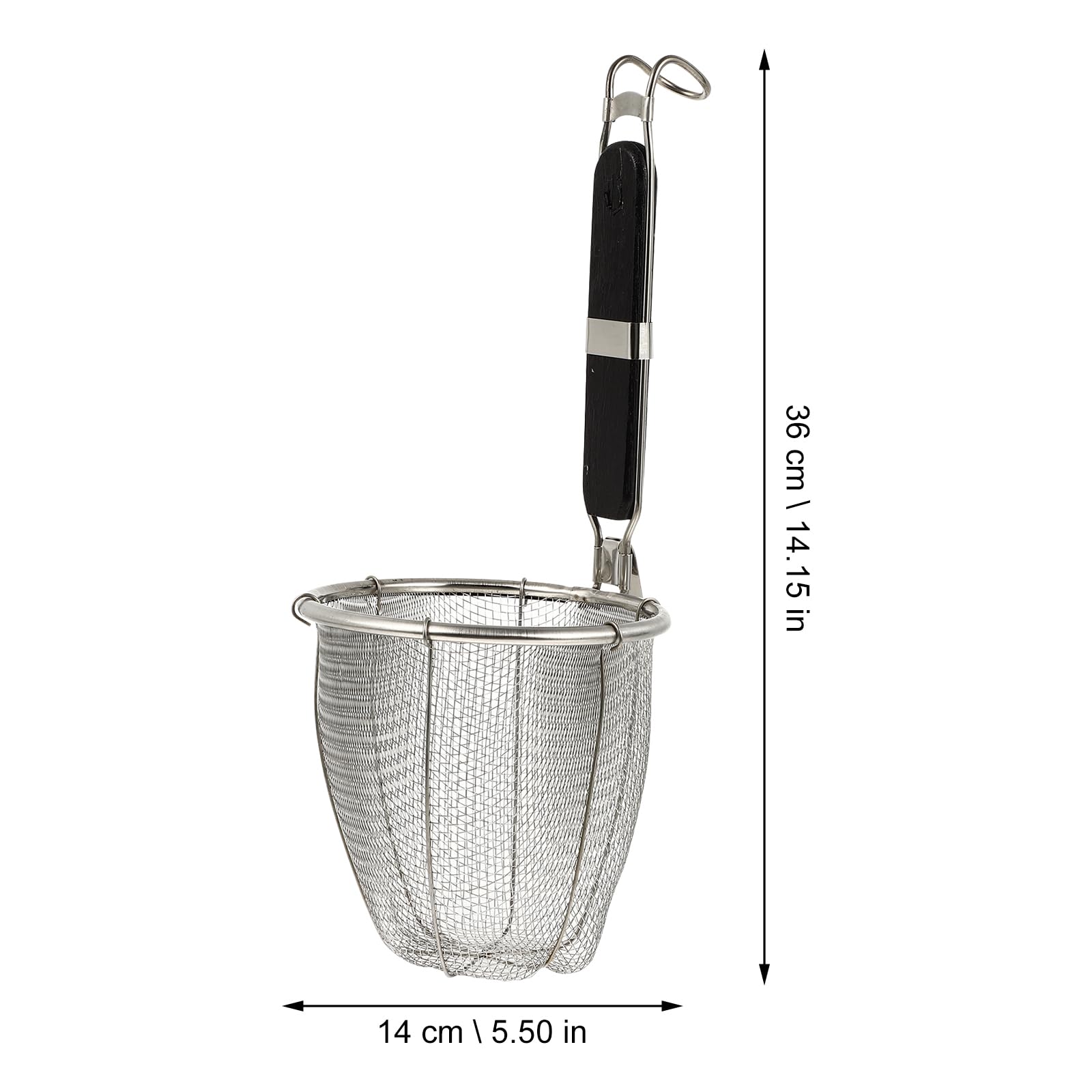 ULTECHNOVO Large Strainer Colander Basket - Stainless Steel, Wooden Handle for heat resistance, fine mesh Udon Pasta Noodle Ramen Rinsing Straining Boiling Frying