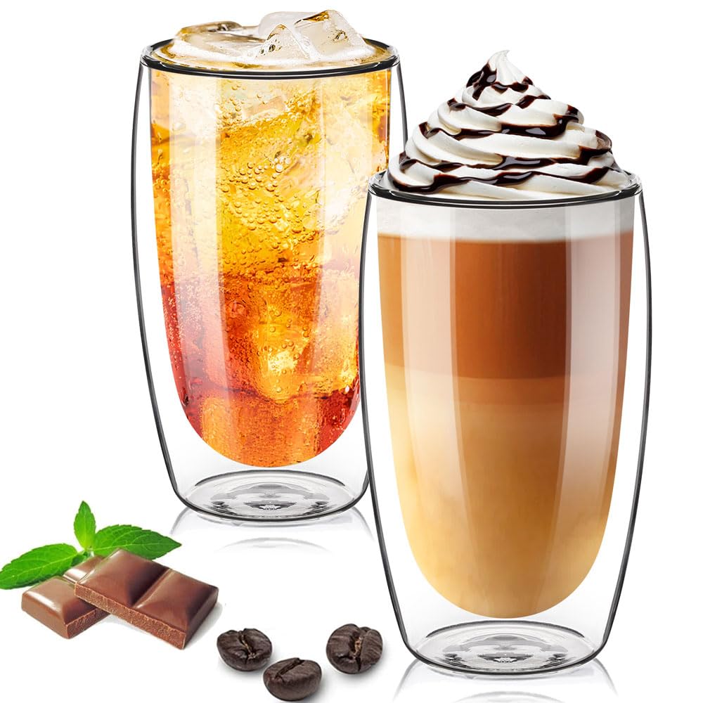 TKNO 2 Pack 450ml Double Walled Tall Coffee Glasses Mugs Cups