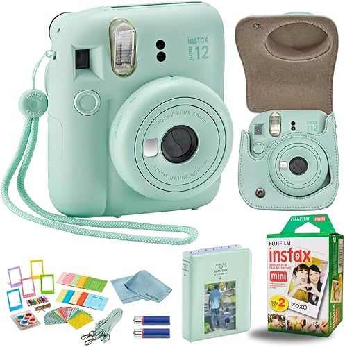 Fujifilm Instant Mini 12 Camera + Accessory Bundle & Custom Case + Fuji Instant (20 Shots) Designer Mini Photo Album (60 Pockets) (Mint Green) - Mint Green - Camera & Photo Album & Film (20 Sheets)