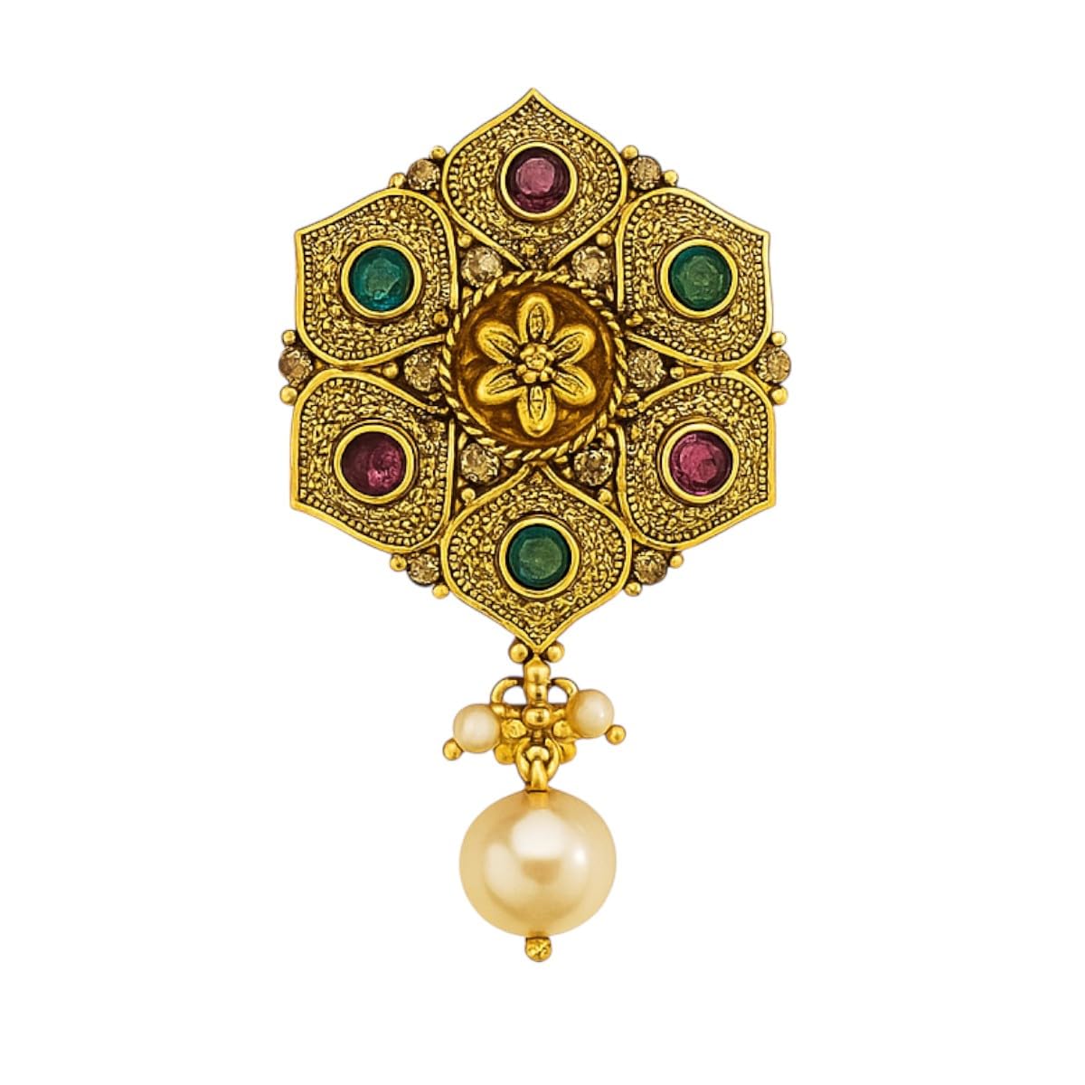 Women's & Girls Gold-Plated Hexagon Saree Pin Brooch with Green & Red Stones & Pearl Drop Bridal Safety Pin for Saree Pleats, Gown, Dupatta, Shawl & Saree Pallu-image-18