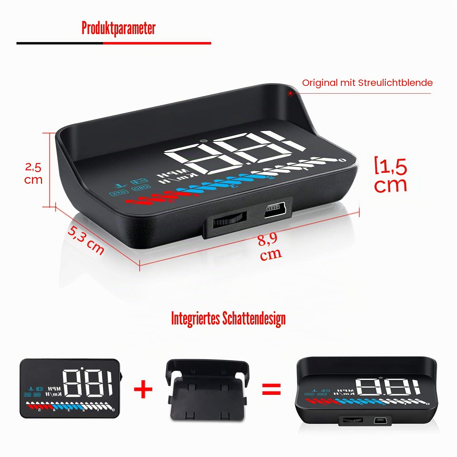 Head Up Display Auto HUD Anzeige OBD2 & HUD GPS Anzeige, iKiKin 3,5 Zoll Kopf-Display, Tachometer, Auto Tachometer, Motorgeschwindigkeit Sicherheitsalarm