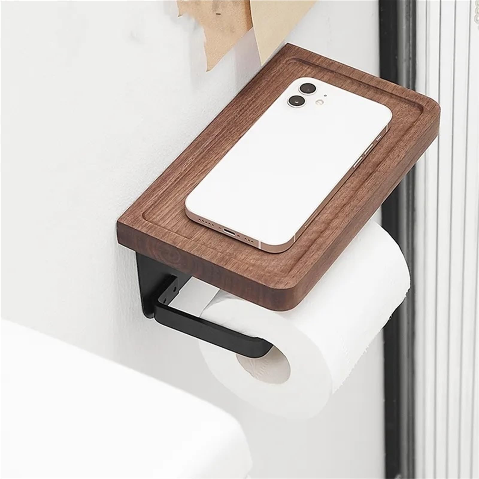 Portarotolo WC adesivo con mensola Porta carta igienica con ripiano | Supporto da parete for porta carta igienica nero opaco(Model A 20cm)