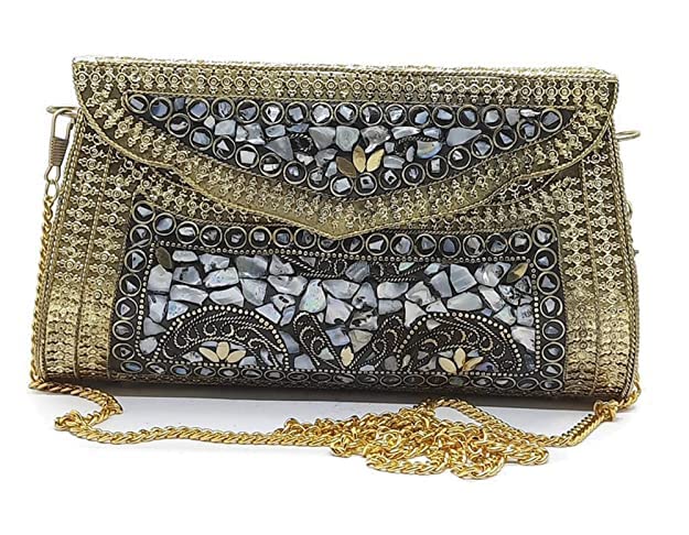 Trend Overseas Women's Golden shell nacre stone bag ethnic clutch antique purse mosaic bag metal bag party clutch-image-32