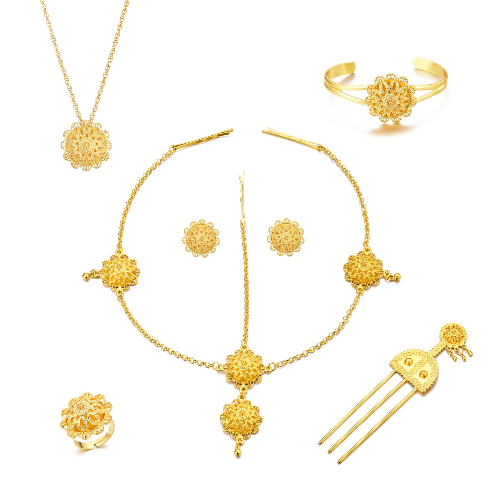 SajayeaEthiopian Jewelry for Women Set 24K Gold Plated 6-Pieces Sets African Wedding Bridal Women Party Gifts