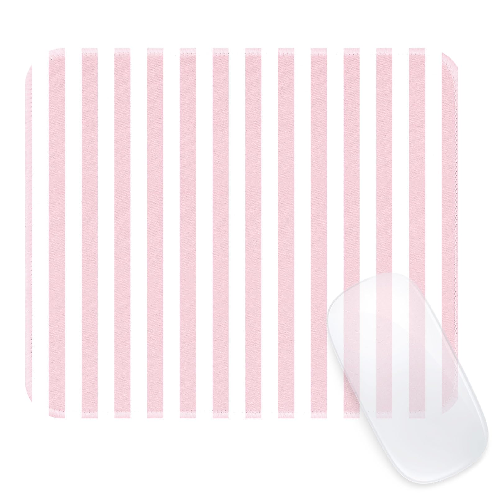 Square Cute Striped Mouse Pad with Stitched Edge, Premium Waterproof Cloth Aesthetic Small Mouse Mat, Non-Slip Rubber Base Simple Funny Mousepad Desk Accessories,Light Pink and White