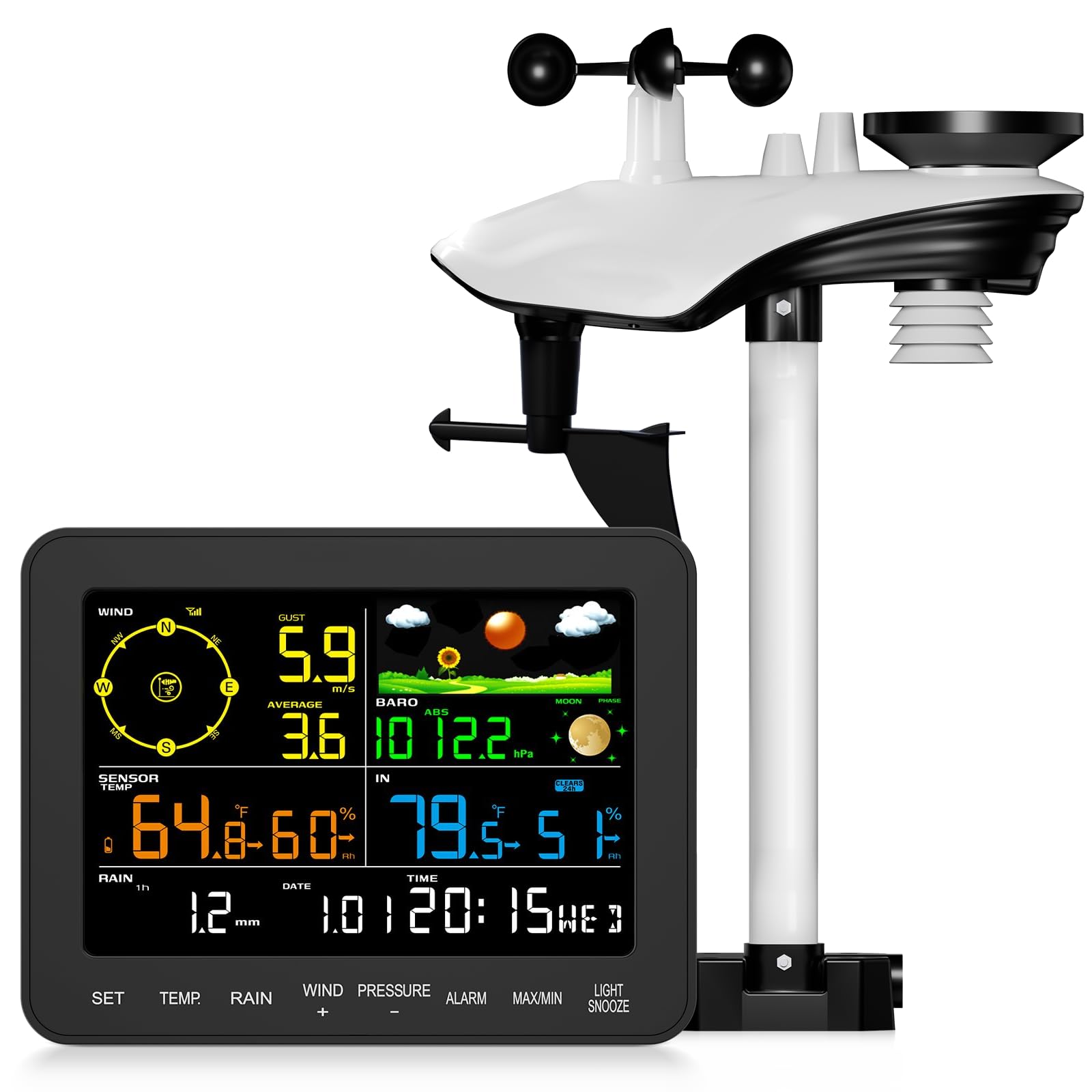 Photo 1 of 12-in-1 Wireless Weather Station – Indoor Outdoor with Rain Gauge, Wind Speed, Forecast, Temp, Air Pressure, Humidity, Moon Phase, Alarm (No WiFi)