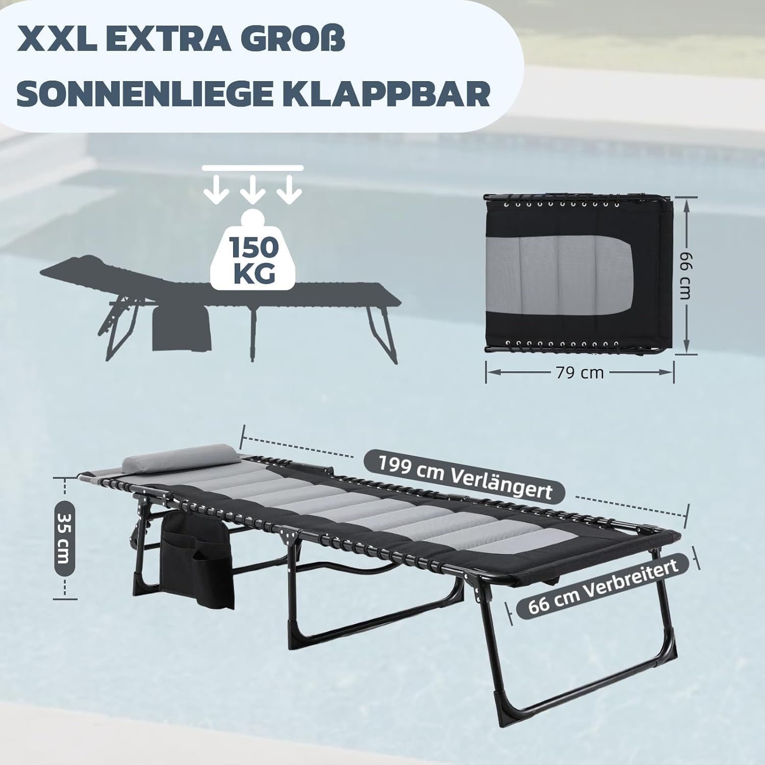 Clevich XXL Liegestuhl klappbar, 199×66 cm Übergroße Sonnenliege mit 5-Fach Verstellbarer Rückenlehne, Gartenliege mit Kopfkissen & Seitentasche, Campingliege bis 150 kg für Strand, Pool