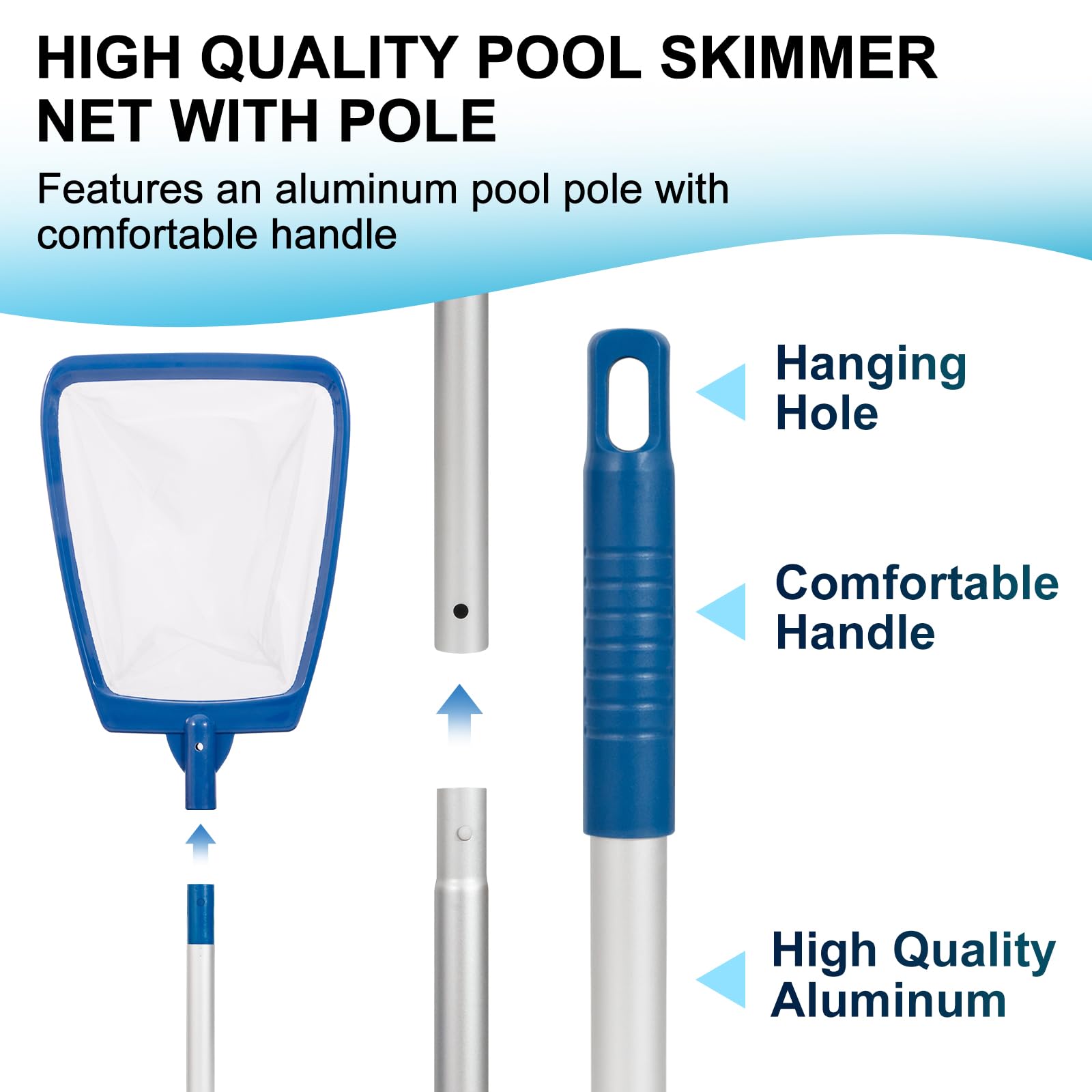 POOLAZA Épuisette Piscine avec Perche, épuisette Piscine à Maille Ultra-Fine, épuisette Semi-Profonde avec Perche Aluminium épaissi 173 cm, pour Piscine sur Terrain élevé, Spa et Bain à remoulement