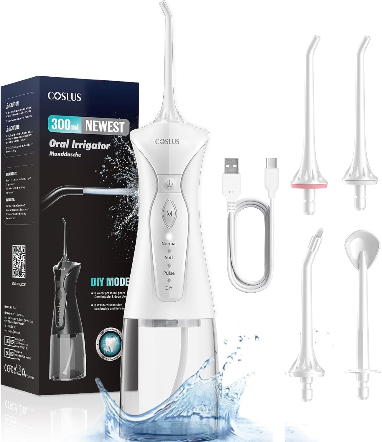 COSLUS Hydropulseur Portable, 4 Modes, Réservoir 300 ml, Rechargeable IPX7