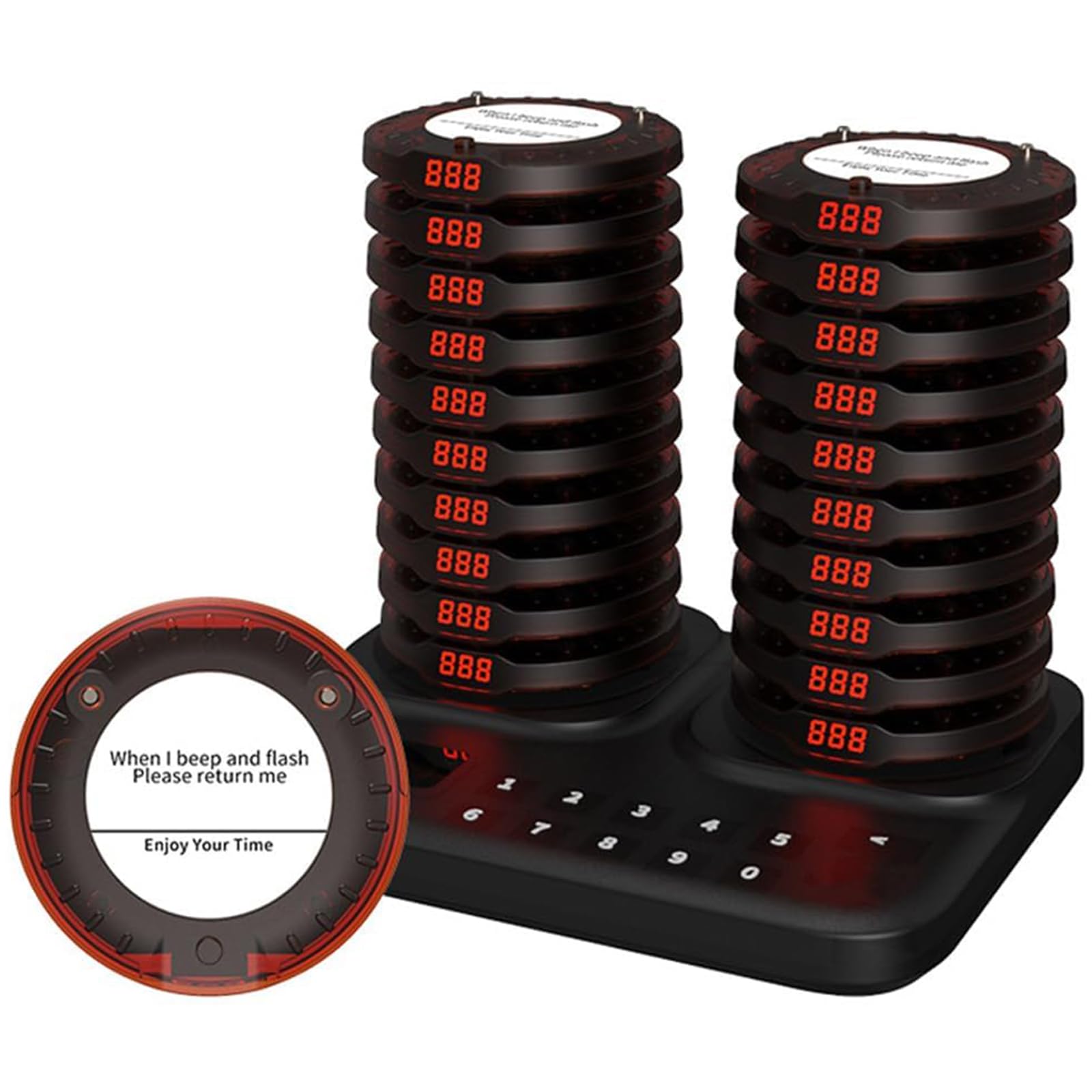 System Cercapersone Ristorante Senza Fili Con 20 Pager Coaster, Portata 800m, Display LCD, Buzzer Clienti Ricaricabile Con 20 Ore Di Standby, Avviso Vibrazione E Flash