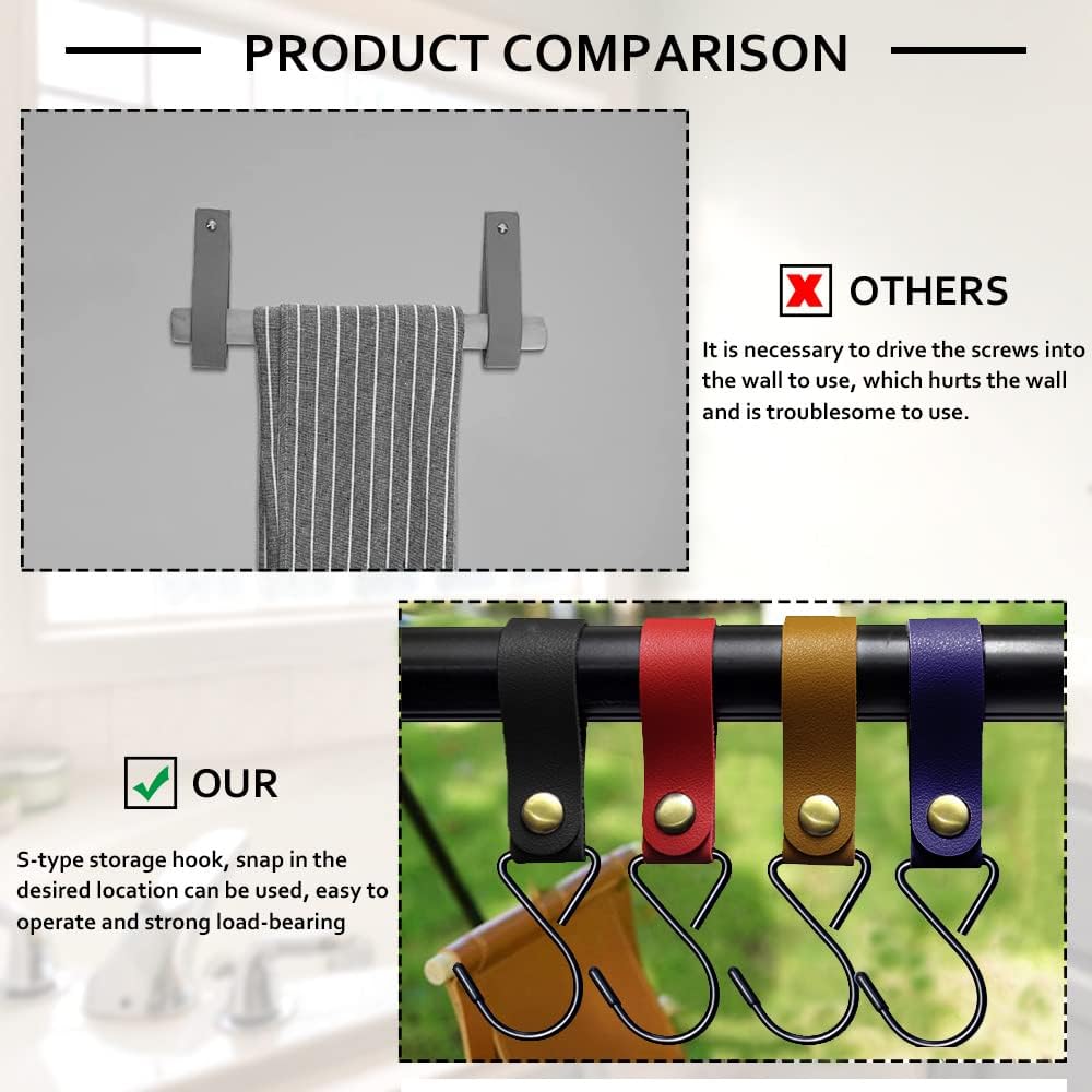 Leather S-Hooks - 8pcs Metal S Shaped Hooks for Hanging, Camping, Stroller, Coat, Towel, Kitchen, Bathroom - Black image 4