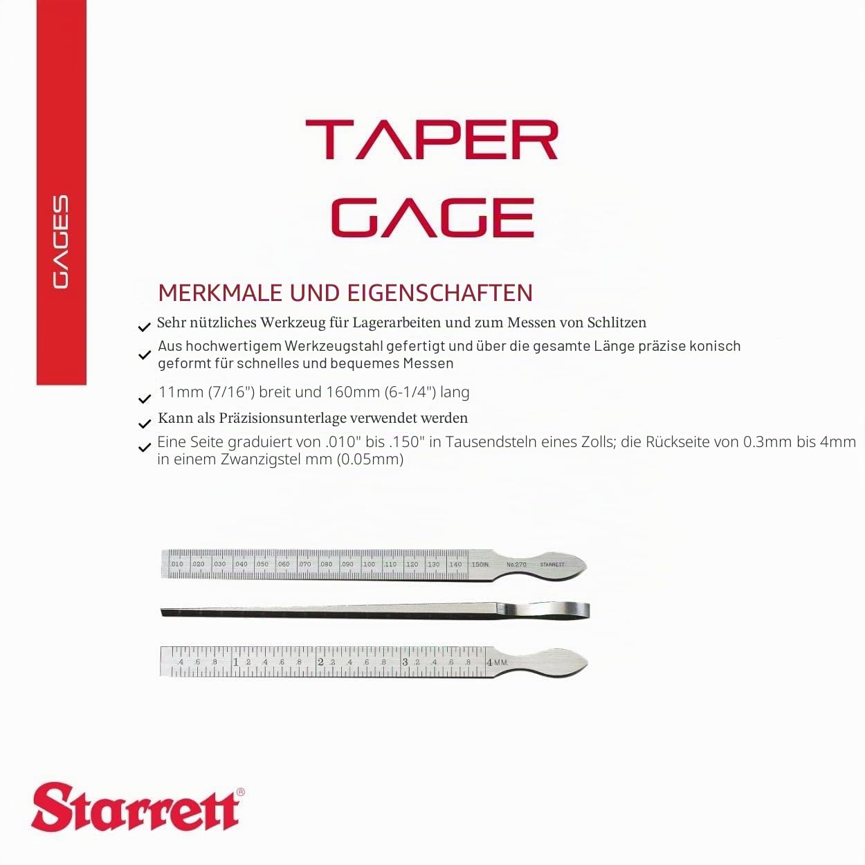 Starrett 270 7/16 Zoll x 6-1/4 Zoll Taper Gauge Edelstahl, Messkeil, 0.3 bis 150 Millimeter, 11mm x 160mm (B x L), Präzisionsabstandsstück
