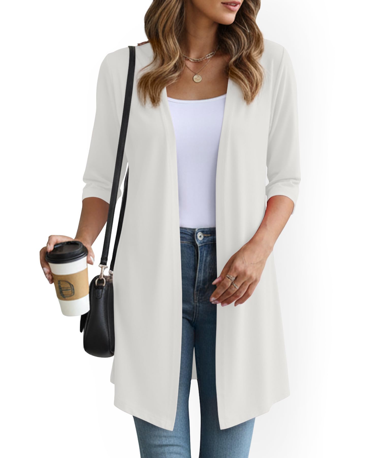 YSYOKOW Womens Open Front Long Cardigan 3/4 Sleeve Lightweight Knit Cardigan Casual Layering Spring Summer