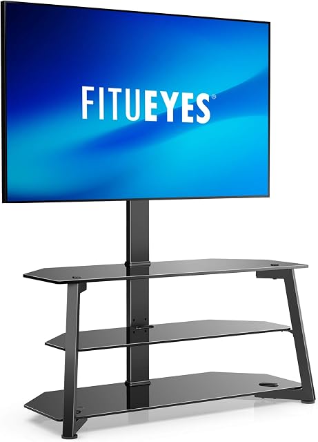 FITUEYES Corner TV Stand for 32 to 70 Inch TVs Universal Cantilever TV Floor Stand with Open Glass Media Storage Shelves Black Hold 45kgs