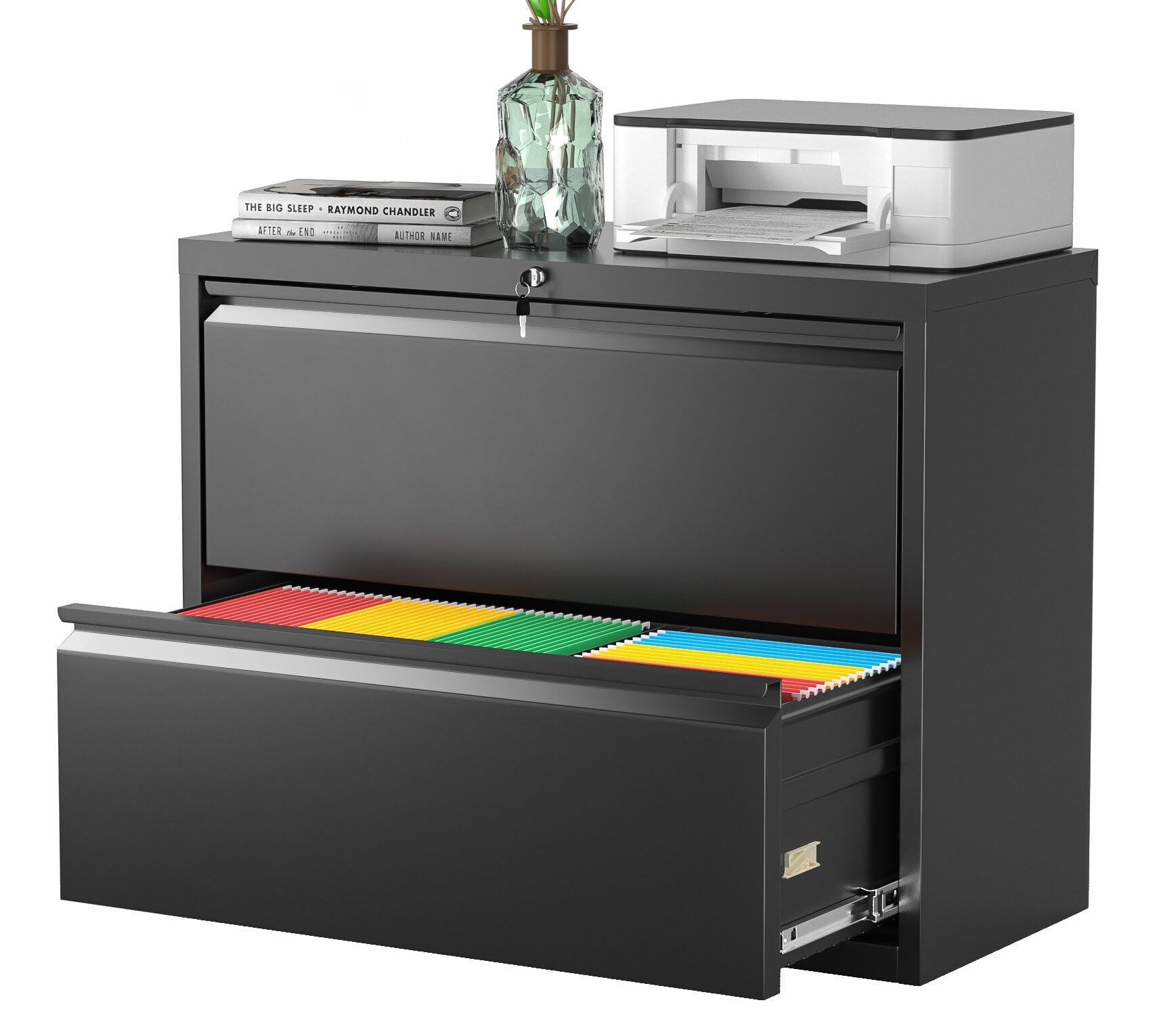 Pataku Lateral File Cabinet, 2 Drawer File Cabinet with Lock, Black Filing Cabinets for Home Office, Metal File Cabinet for Hanging Files/Letters/