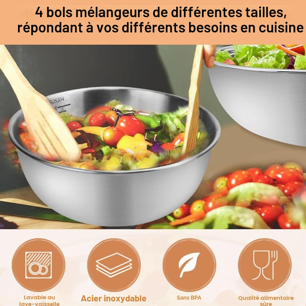 ADERTOS 4PCS Bols Mélangeurs en Acier Inoxydable - Bol à Mixer, Cul de Poule, Saladier Antidérapant et Bâtonnet à Remuer pour Cuisson et Pâtisserie