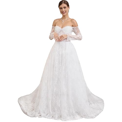 Women's Elegant Off-Shoulder Wedding Dress with French Lace Long Sleeves