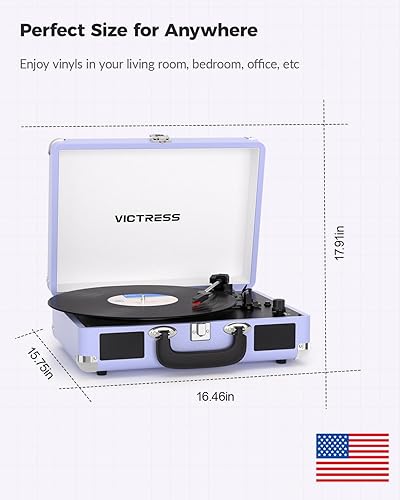 Miniatura 9 de Suitcase - Tocadiscos Bluetooth, reproductor de discos de vinilo portátil con altavoces estéreo integrados, tocadiscos retro de 3 velocidades,