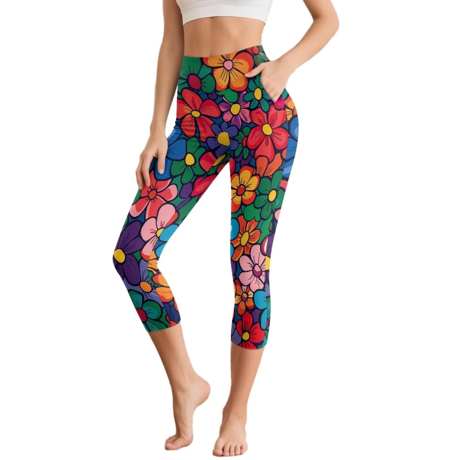 WHUVUMFY Capri Leggings for Women with Pockets Hippie Flower High Waisted Tummy Control Yoga Pants for Workout Running Soft Gym Yoga Leggings