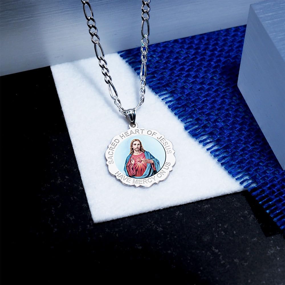 PicturesOnGold.com Sacred Heart of Jesus Scalloped Religious Medal Color - 1 Inch Size of a Quarter -Solid 14K Yellow Gold WITH ENGRAVING - Image 7