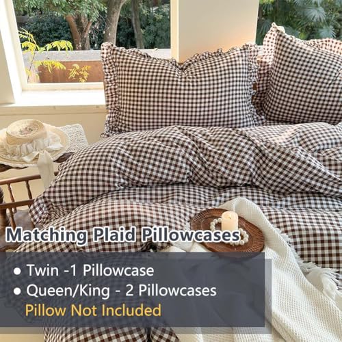 Image of NSNLGSGC Mocha Ruffle Gingham Comforter Set King, Pre-Washed Ruffled Coffee Plaid Checked Comforter Bedding, 3 Pieces Vintage Farmhouse Grid Bedding Set(Mocha Gingham, King)