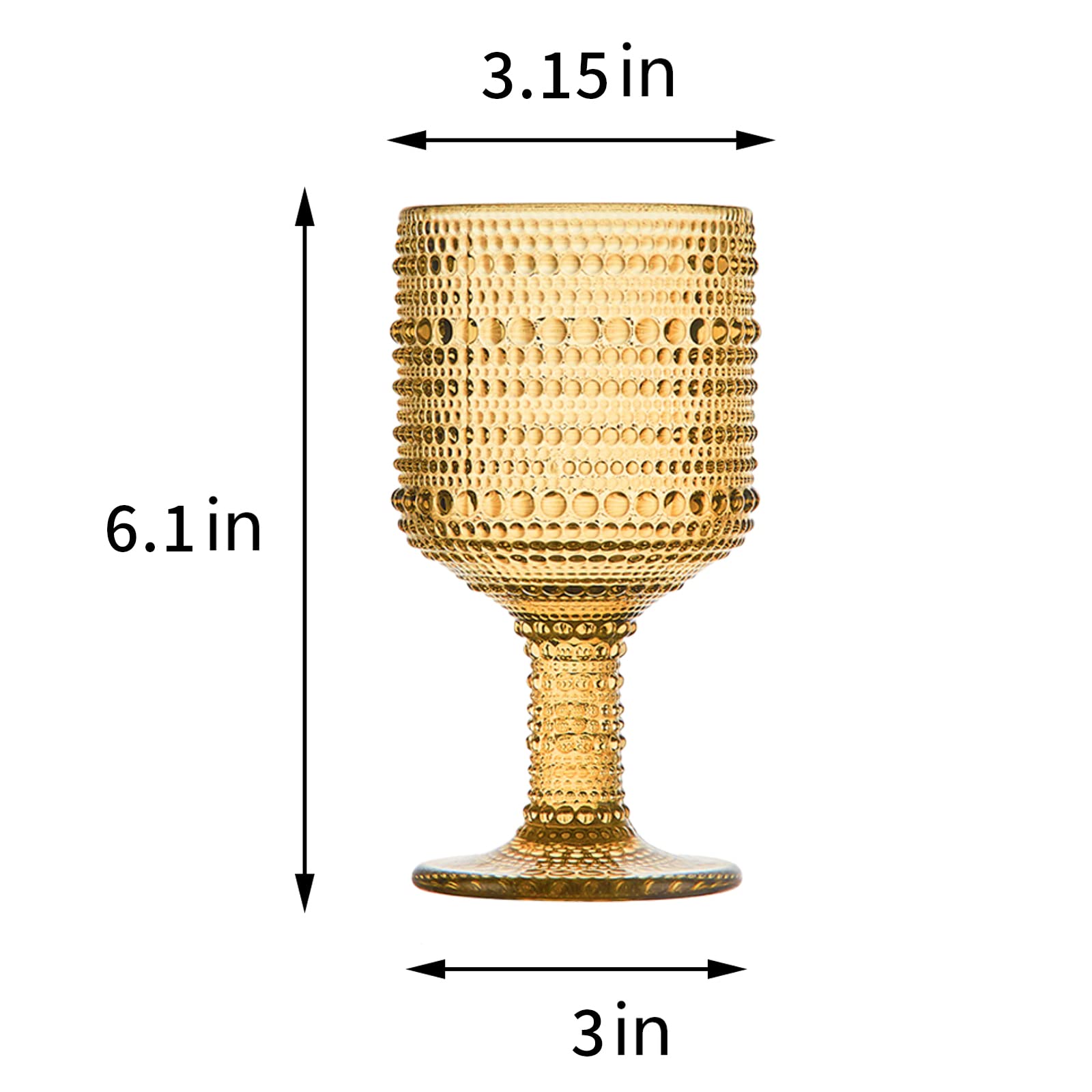 Vintage Wine Glasses Set of 6, 10 Ounce Colored Glass Water Goblets, Unique Embossed Pattern High Clear Stemmed Glassware Wedding Party Bar Drinking Cups 6 Pack Amber Beads