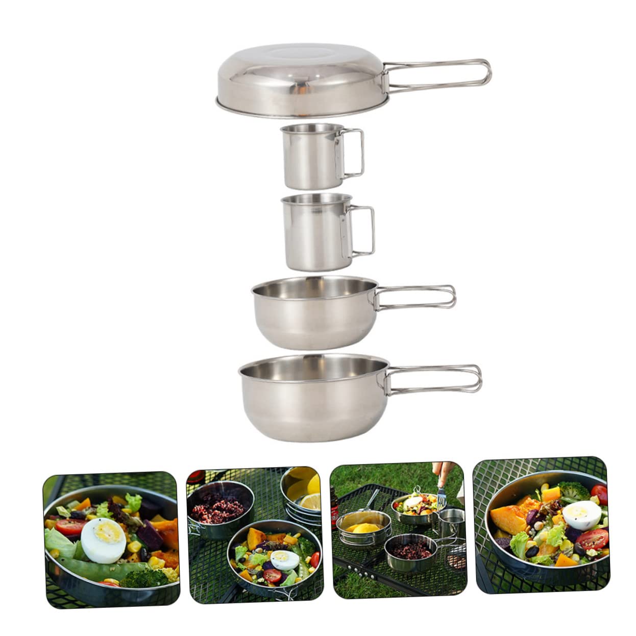 GANAZONO Vaisselle Argenté Set et 5 Pièces en Acier Inoxydable Camping Design Empilable, Résistant aux Chocs pour pour Activités de Plein Air et Randonnée Activités de Plein Air Randonnée