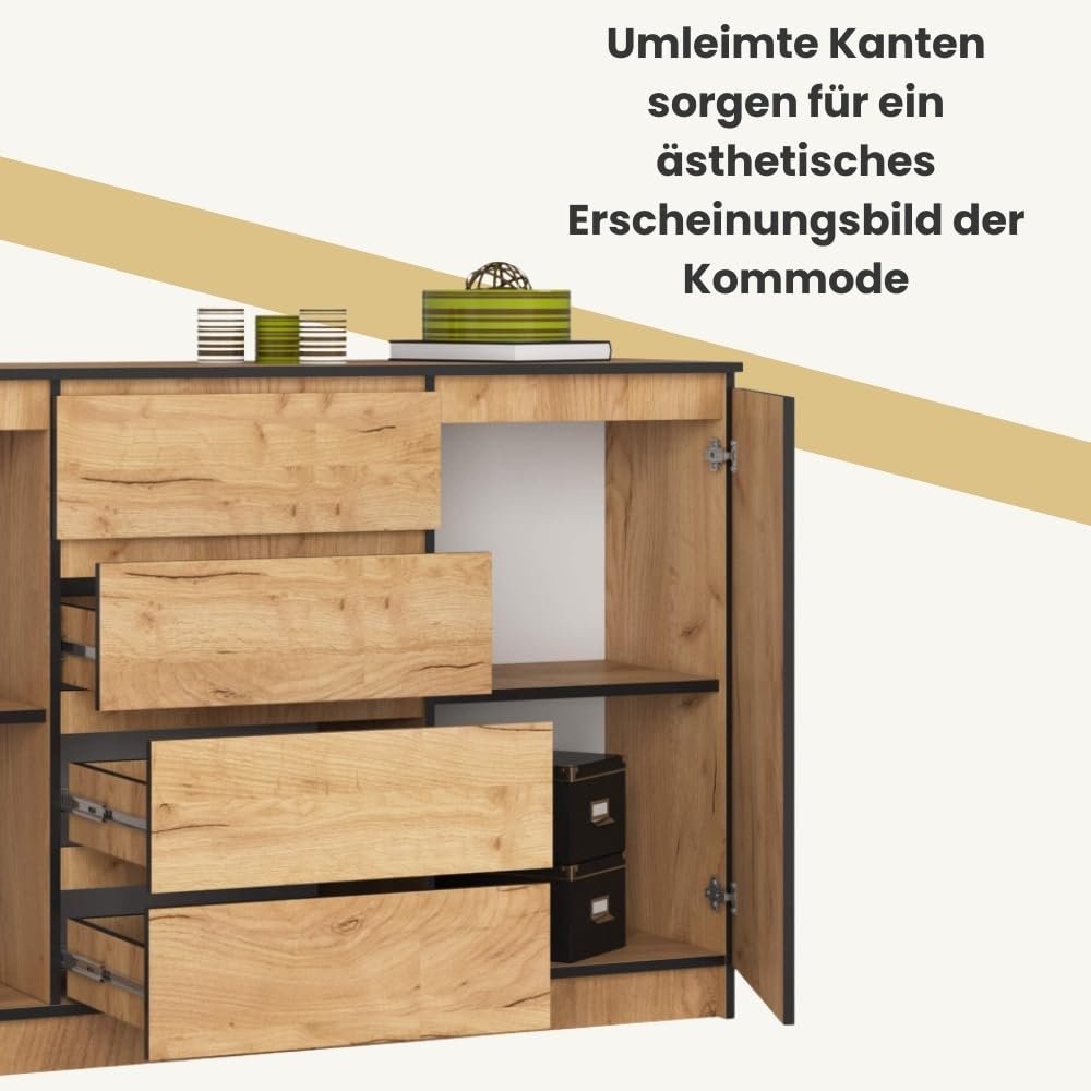 AKORD Kommode K 160 cm | 4 Schubladen und 2 Türen | für Wohnzimmer Schlafzimmer Schrank Wohnzimmer | Modernes Funktionelles Design | Schichtstoffplatte 16mm | Handwerk Eiche