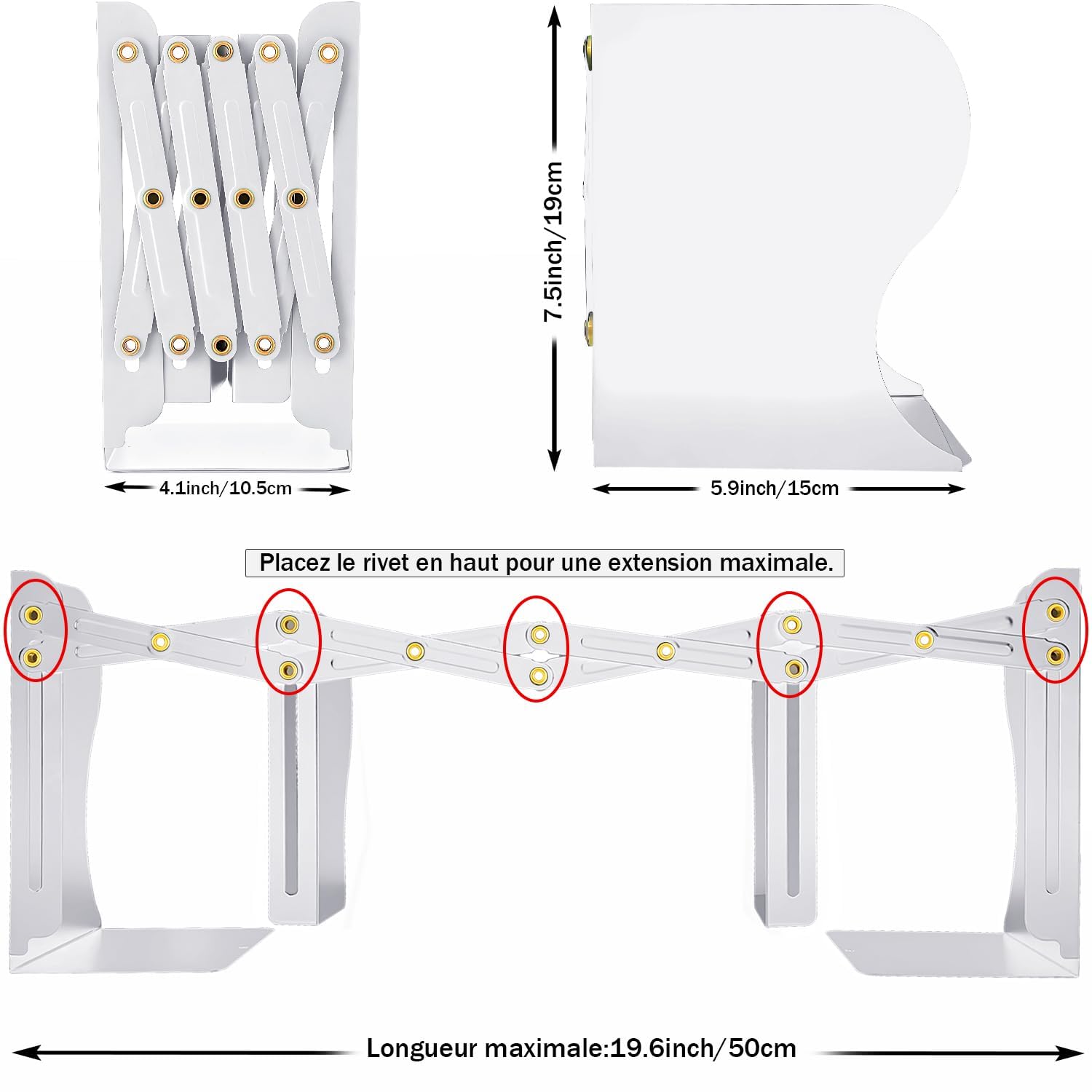 DARUITE Serre-Livres en Métal Réglable et Robuste - Organiseur et Accessoires de Bureau Scolaires pour la Maison, l'École, Bibliothèque - Blanc X 2