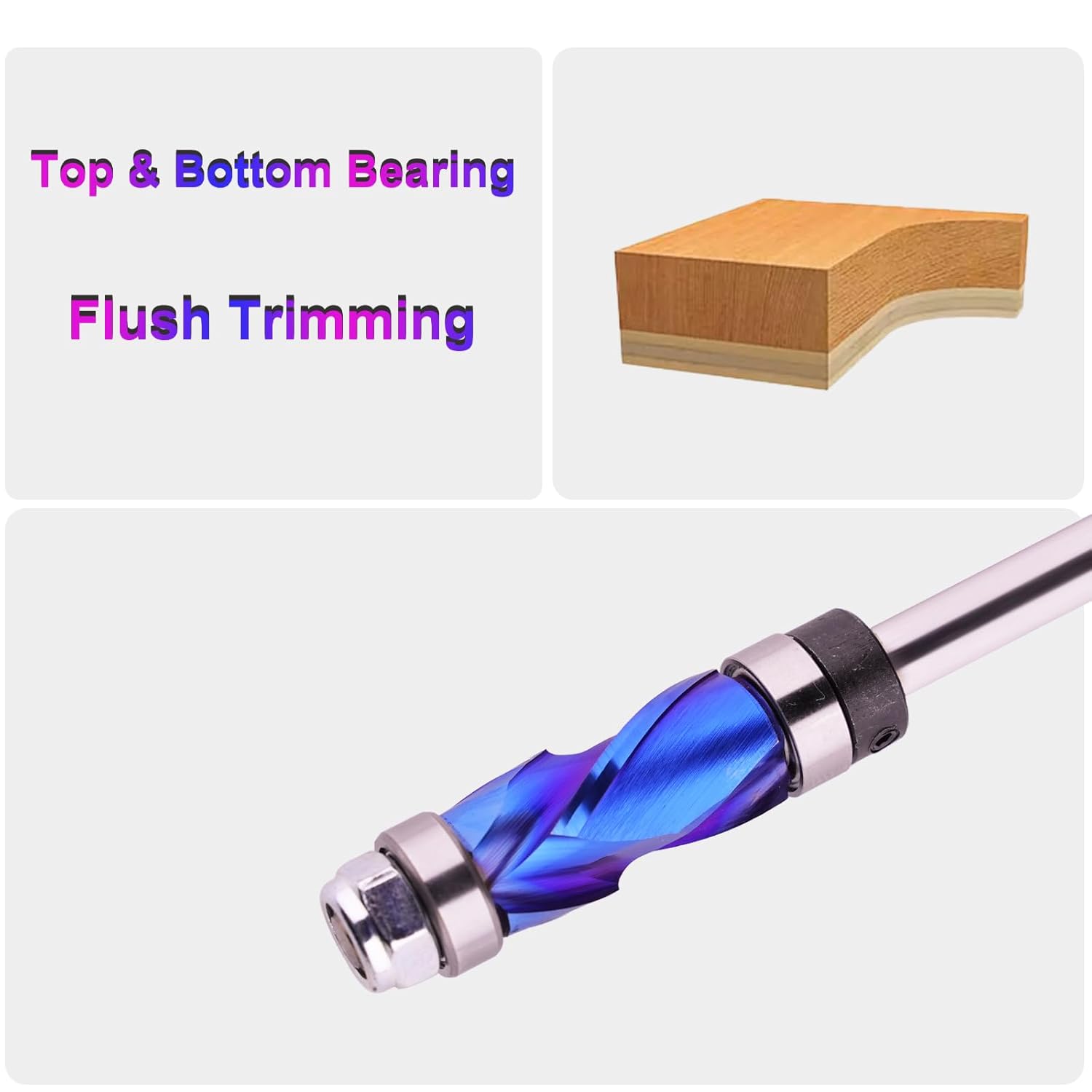 Top & Bottom Bearing Compression Flush Trim Router Bit 1/4" Shank 1/2" Cutting Diameter 1" Cut Height Spiral Up-Down Template Pattern Flush Cut Router Bit for Woodworking Trimming