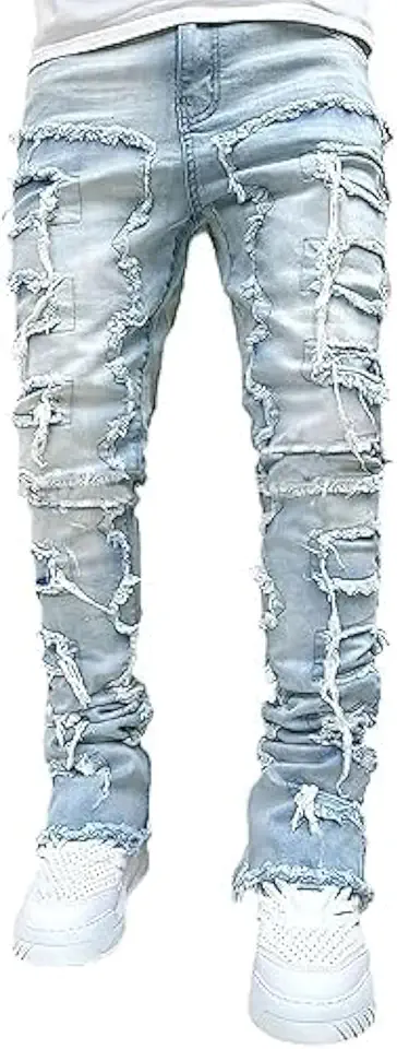 POOPMOOM Stacked Jeans Men Skinny Ripped Jeans Slim Fit Patchwork Denim Pants Y2K Goth Harajuku Emo Hip Hop Jeans Trouser